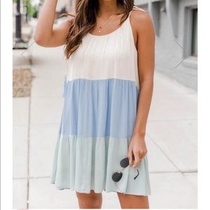 MORNING AURA COLORBLOCK BLUE/SAGE TIE STRAP DRESS